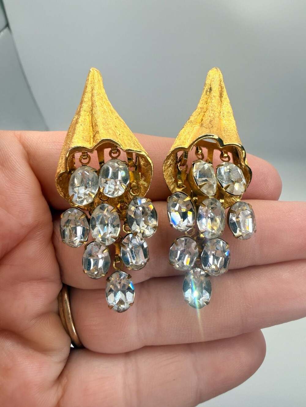 Vintage Gold Tone Rhinestone Dangle Clip-On Earrings